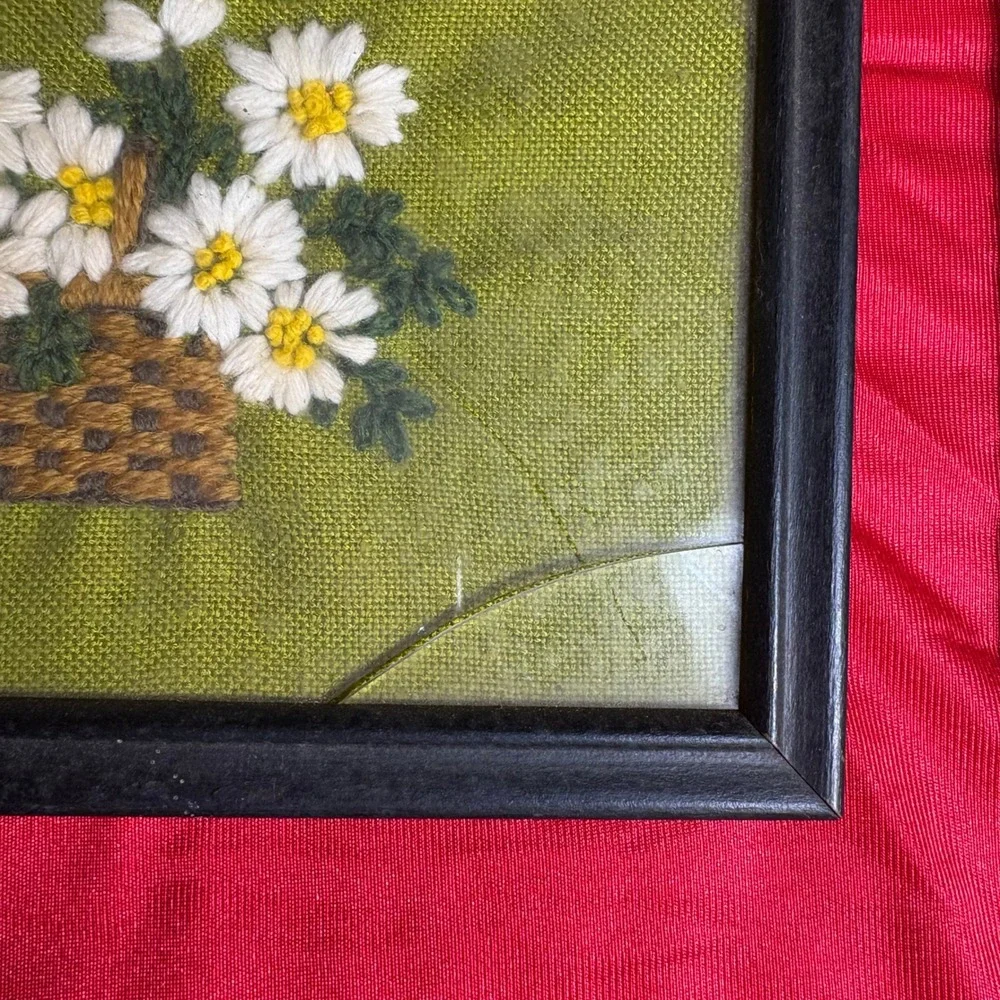 Vtg Handmade Crewel Embroidery Needlework Trio Victorian House Daisies Carriage
